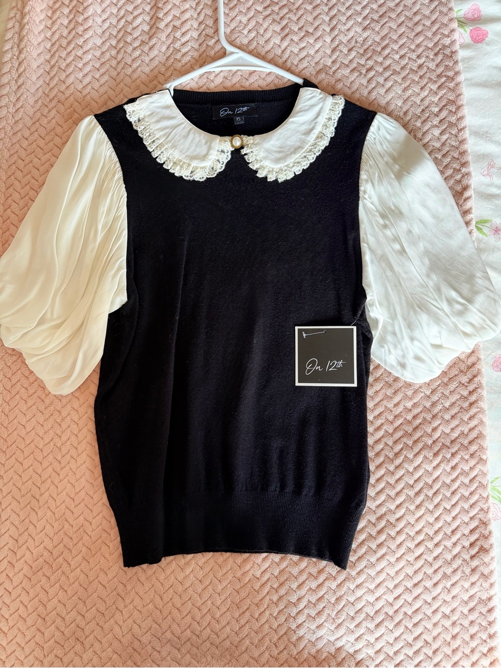 On 12th Black Knit Top with White Lace Peter Pan Collar